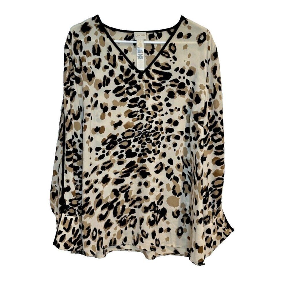 Chico's Womens Brown Black Beige Animal Print V-Neck Pullover Blouse Top Sz 2
